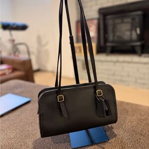 Black Leather Double-Strap Shoulder Bag